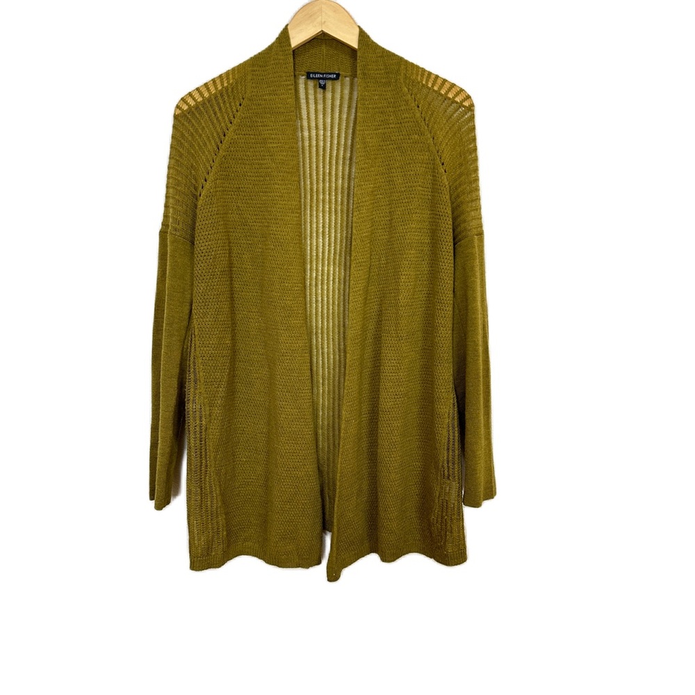 Eileen Fisher Chicory Merino Mini Stitches Long Green Cardigan Women’s Small
